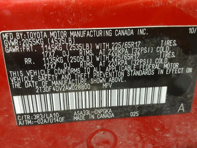 2T3DF4DV2AW028800 - 2010 TOYOTA RAV4 LIMIT RED photo 10