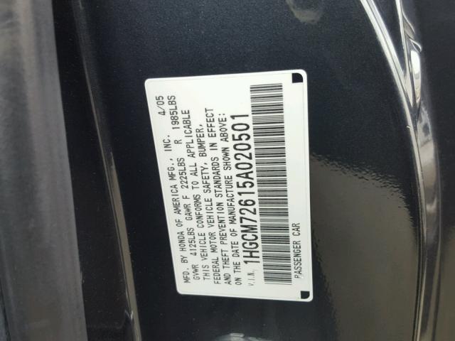 1HGCM72615A020501 - 2005 HONDA ACCORD EX BLACK photo 10