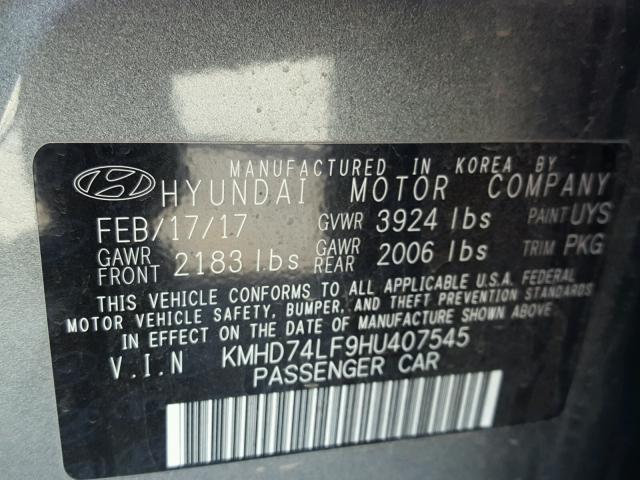 KMHD74LF9HU407545 - 2017 HYUNDAI ELANTRA SE CHARCOAL photo 10