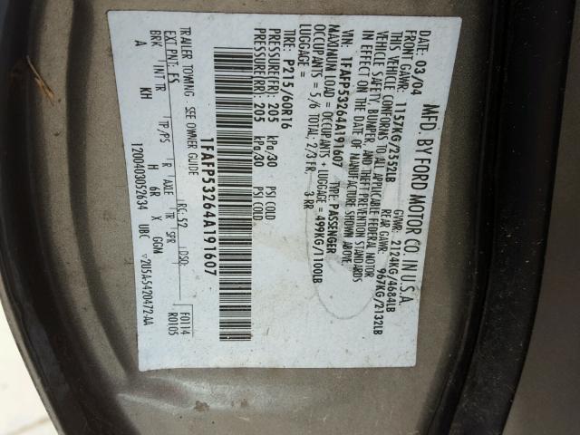 1FAFP53264A191607 - 2004 FORD TAURUS SE GREEN photo 10