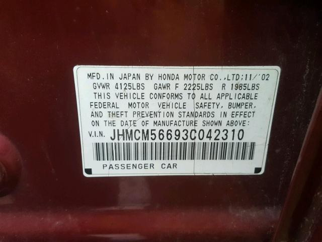 JHMCM56693C042310 - 2003 HONDA ACCORD EX RED photo 10