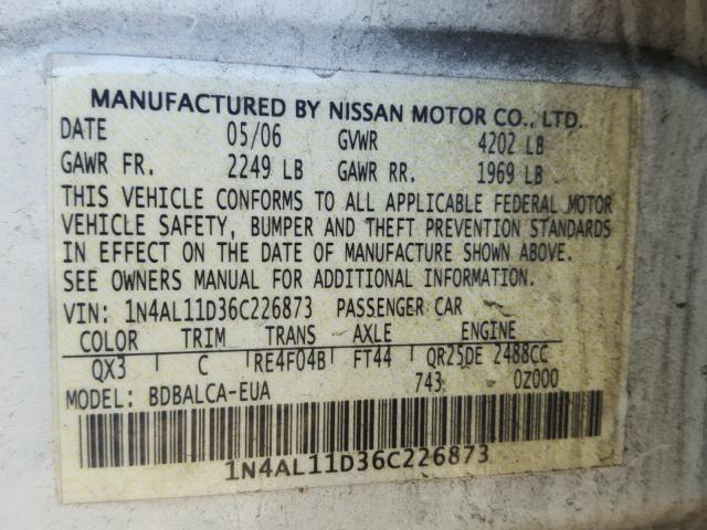 1N4AL11D36C226873 - 2006 NISSAN ALTIMA S WHITE photo 10