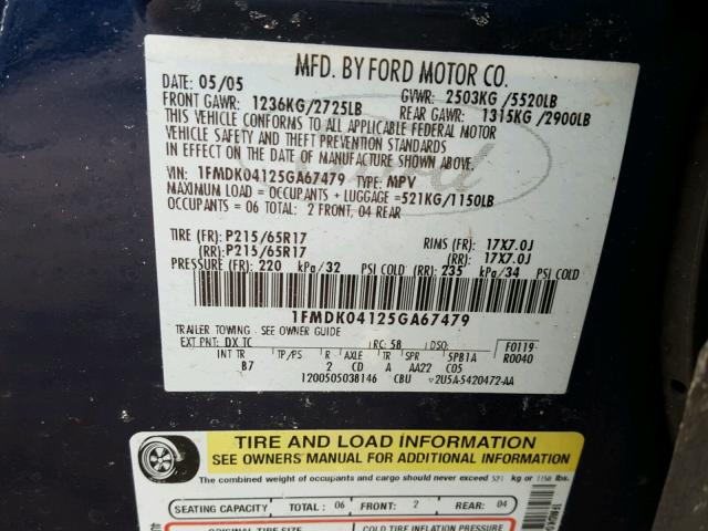 1FMDK04125GA67479 - 2005 FORD FREESTYLE BLUE photo 10