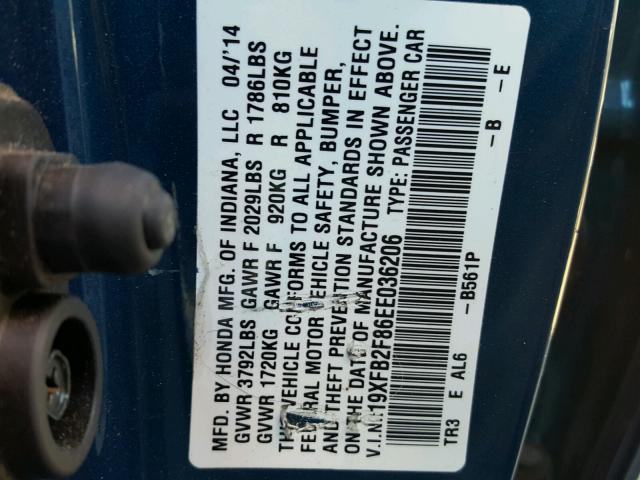 19XFB2F86EE036206 - 2014 HONDA CIVIC EX ლურჯი ფოტო 10