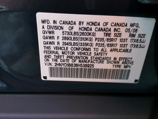 2HNYD18836H538925 - 2006 ACURA MDX TOURIN BLUE photo 10