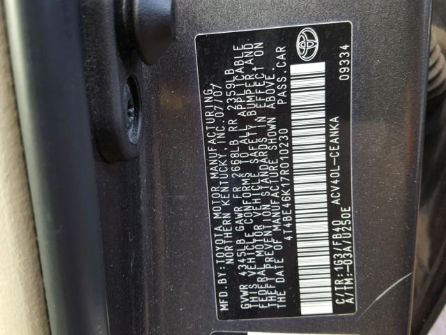 4T4BE46K17R010230 - 2007 TOYOTA CAMRY NEW GRAY photo 10