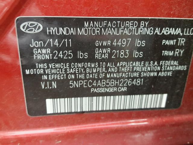 5NPEC4AB5BH226481 - 2011 HYUNDAI SONATA SE RED photo 10