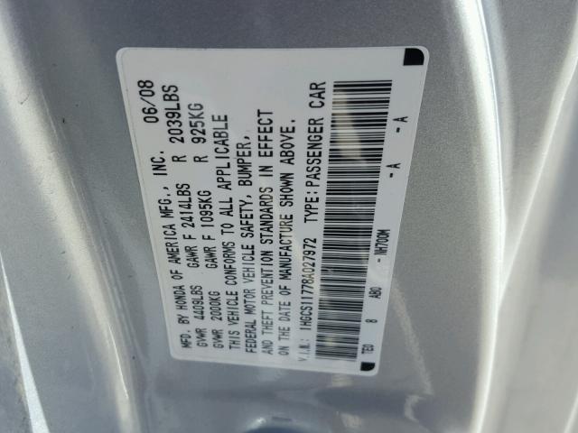 1HGCS11778A027972 - 2008 HONDA ACCORD EX SILVER photo 10