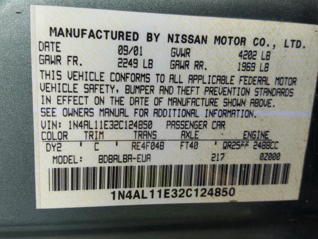 1N4AL11E32C124850 - 2002 NISSAN ALTIMA BAS GREEN photo 10