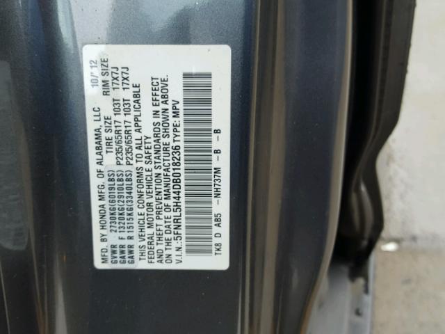 5FNRL5H44DB018236 - 2013 HONDA ODYSSEY EX GRAY photo 10