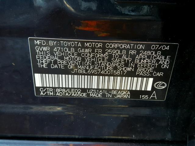 JT8BL69S740015817 - 2004 LEXUS GS 430 BLUE photo 10