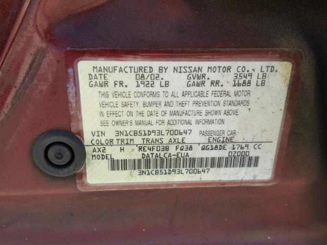 3N1CB51D93L700647 - 2003 NISSAN SENTRA XE RED photo 10