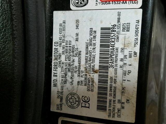 3FAHP0HA4CR357896 - 2012 FORD FUSION SE BLACK photo 10