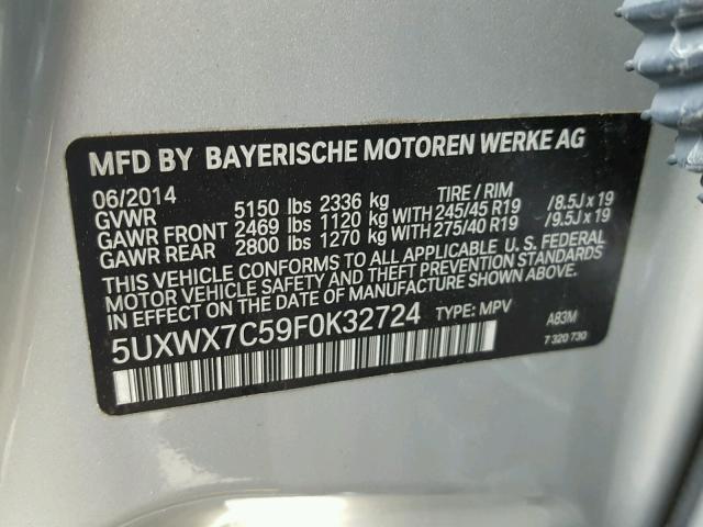 5UXWX7C59F0K32724 - 2015 BMW X3 XDRIVE3 SILVER photo 10