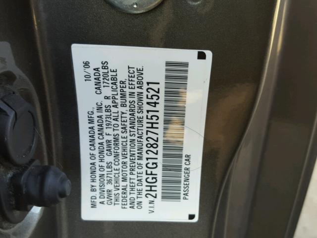 2HGFG12827H514521 - 2007 HONDA CIVIC EX GRAY photo 10