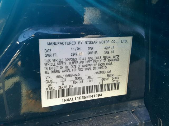 1N4AL11D35N441494 - 2005 NISSAN ALTIMA S BLUE photo 10