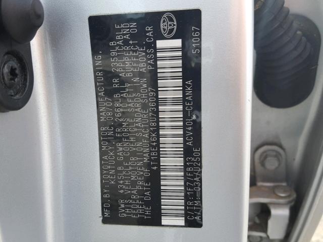 4T1BE46K18U736097 - 2008 TOYOTA CAMRY CE SILVER photo 10