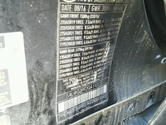 SALWG2PF2GA110315 - 2016 LAND ROVER RANGE ROVE BLACK photo 10