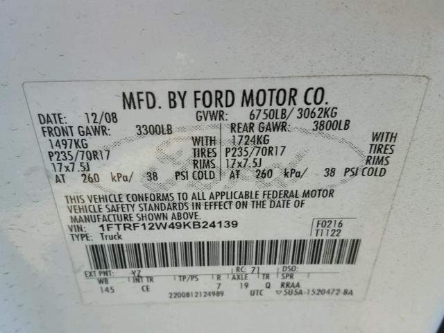 1FTRF12W49KB24139 - 2009 FORD F150 WHITE photo 10