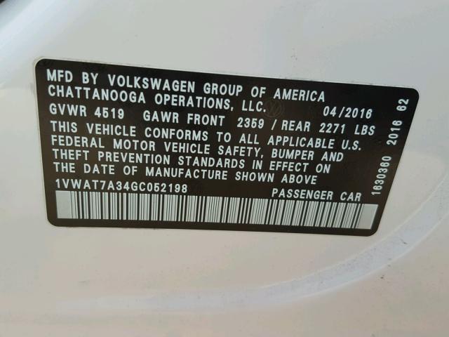 1VWAT7A34GC052198 - 2016 VOLKSWAGEN PASSAT S თეთრი ფოტო 10