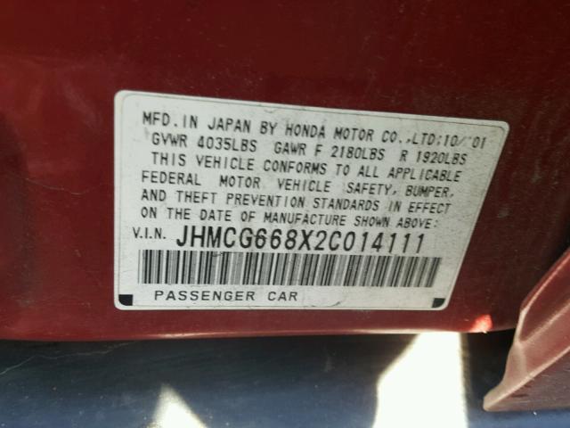 JHMCG668X2C014111 - 2002 HONDA ACCORD EX RED photo 10