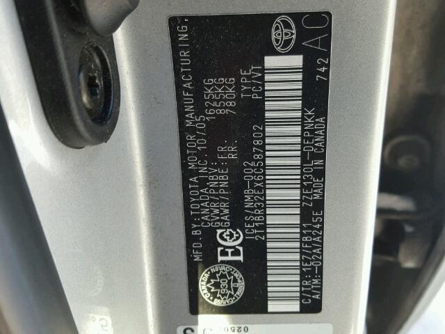 2T1BR32EX6C587802 - 2006 TOYOTA COROLLA CE SILVER photo 10