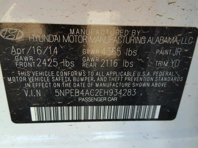 5NPEB4AC2EH934283 - 2014 HYUNDAI SONATA GLS WHITE photo 10