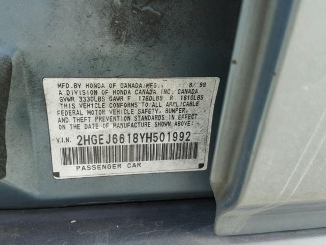 2HGEJ6618YH501992 - 2000 HONDA CIVIC BASE GRAY photo 10