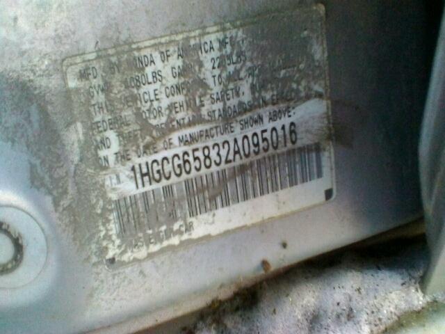 1HGCG65832A095016 - 2002 HONDA ACCORD EX SILVER photo 10