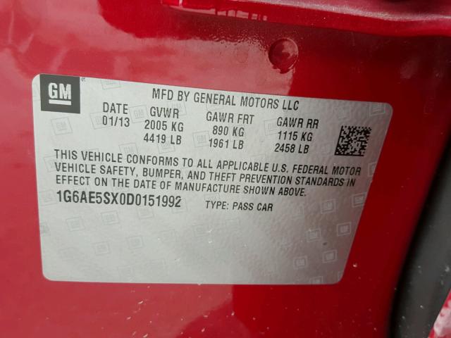 1G6AE5SX0D0151992 - 2013 CADILLAC ATS PREMIU RED photo 10