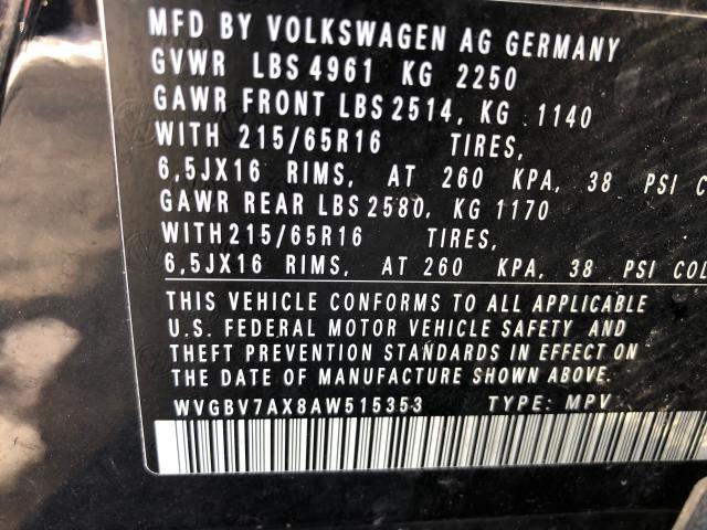 WVGBV7AX8AW515353 - 2010 VOLKSWAGEN TIGUAN SE BLACK photo 10