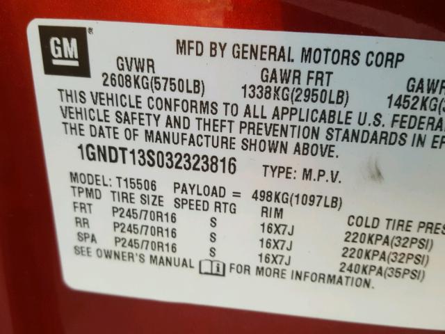 1GNDT13S032323816 - 2003 CHEVROLET TRAILBLAZE MAROON photo 10