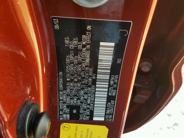 JTEHF21A030158309 - 2003 TOYOTA HIGHLANDER RED photo 10