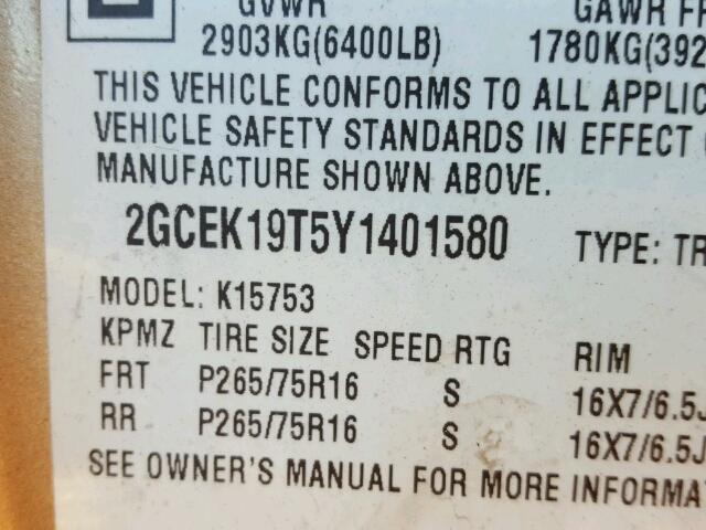 2GCEK19T5Y1401580 - 2000 CHEVROLET SILVERADO TAN photo 10