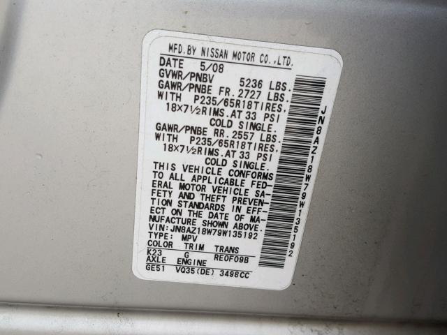 JN8AZ18W79W135192 - 2009 NISSAN MURANO S SILVER photo 10