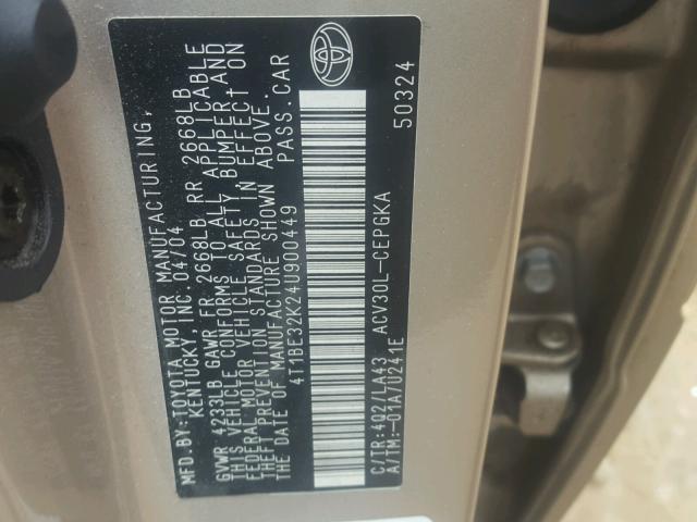 4T1BE32K24U900449 - 2004 TOYOTA CAMRY LE BEIGE photo 10