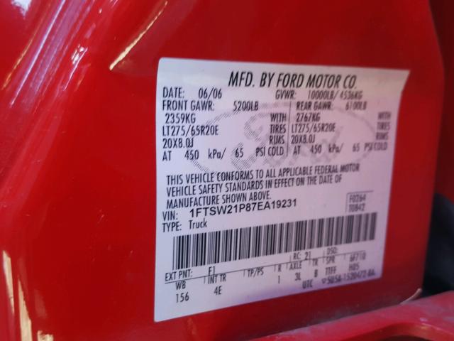 1FTSW21P87EA19231 - 2007 FORD F250 SUPER RED photo 10