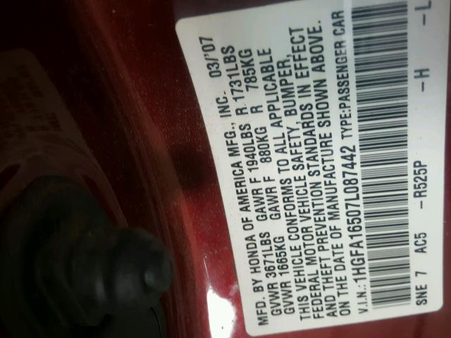 1HGFA16507L087442 - 2007 HONDA CIVIC LX MAROON photo 10