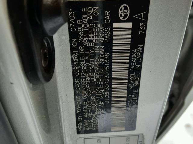 JTDBF30K230151338 - 2003 TOYOTA CAMRY LE SILVER photo 10