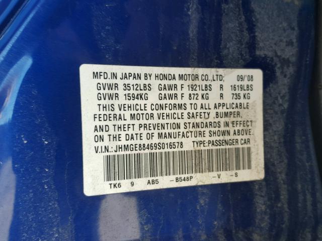 JHMGE88469S016578 - 2009 HONDA FIT SPORT BLUE photo 10