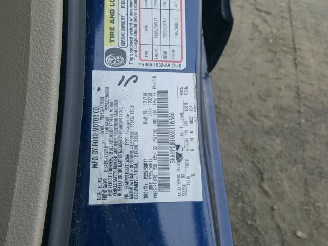 3FAHP08106R116566 - 2006 FORD FUSION SEL BLUE photo 10