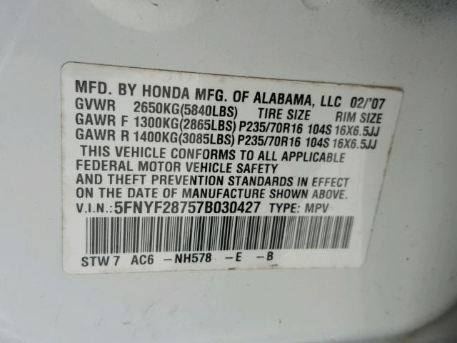 5FNYF28757B030427 - 2007 HONDA PILOT EXL WHITE photo 10