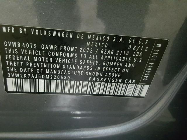 3VW2K7AJ5DM220530 - 2013 VOLKSWAGEN JETTA BASE ნაცრისფერი ფოტო 10