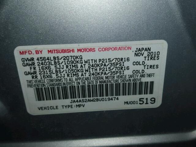 JA4AS2AW2BU019474 - 2011 MITSUBISHI OUTLANDER SILVER photo 10