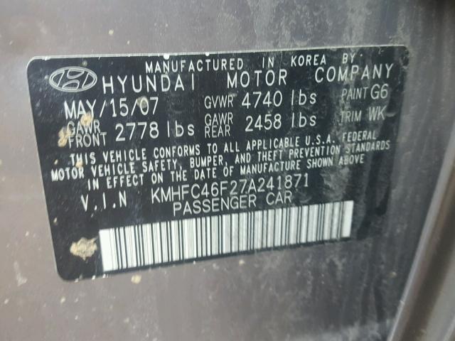 KMHFC46F27A241871 - 2007 HYUNDAI AZERA SE GRAY photo 10