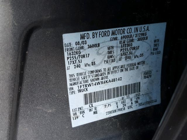 1FTRW14WX4KA48142 - 2004 FORD F150 SUPER GRAY photo 10