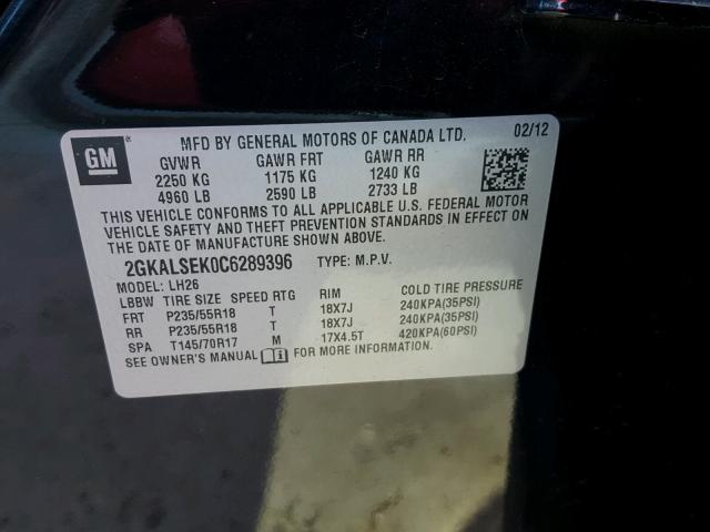 2GKALSEK0C6289396 - 2012 GMC TERRAIN SL BLACK photo 10