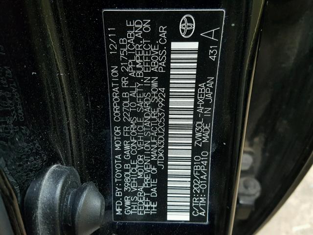 JTDKN3DU2C5379924 - 2012 TOYOTA PRIUS BLACK photo 10