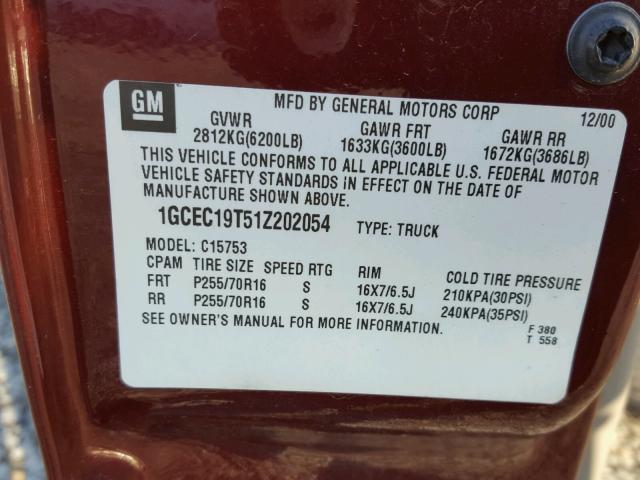 1GCEC19T51Z202054 - 2001 CHEVROLET SILVERADO MAROON photo 10