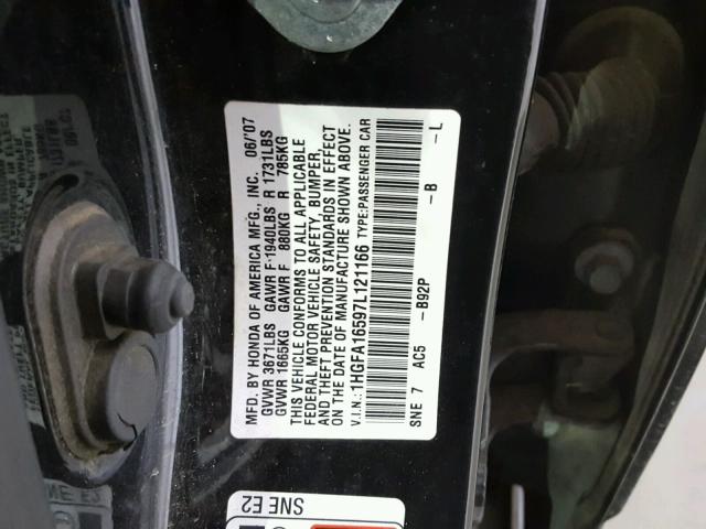 1HGFA16597L121166 - 2007 HONDA CIVIC LX BLACK photo 10